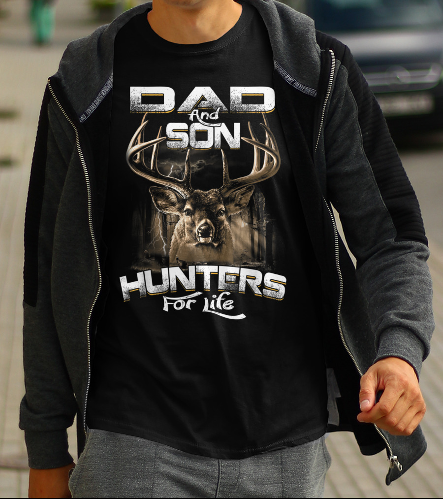 Dad And Son Hunters For Life Deer Antlers Forest Scene T-Shirt
