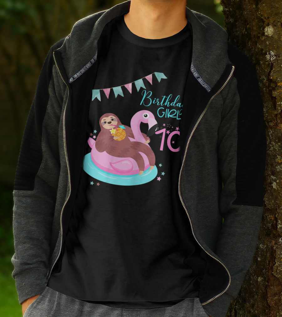 Birthday Girl 10 Sloth Flamingo Pineapple Party T-Shirt