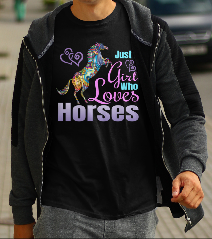 Just A Girl Who Loves Horses Colorful Patterned Horse With Hearts T-Shirt