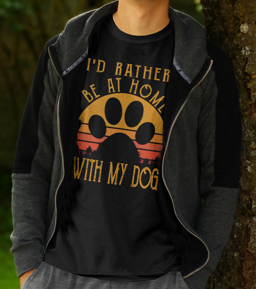 I'd Rather Be At Home With My Dog Sunset Paw Prints T-Shirt