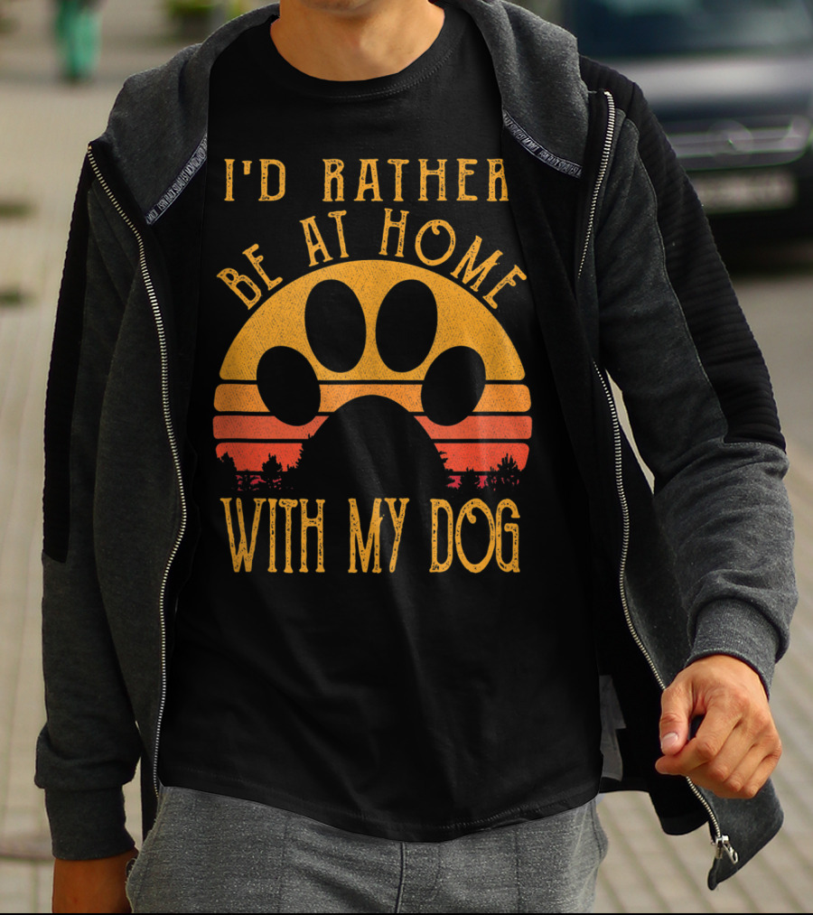 I'd Rather Be At Home With My Dog Sunset Paw Prints T-Shirt