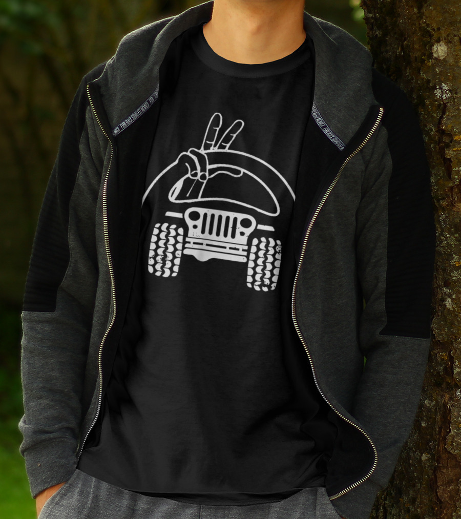Jeep Wave Peace Fingers Sign Steering Wheel And Grille T-Shirt