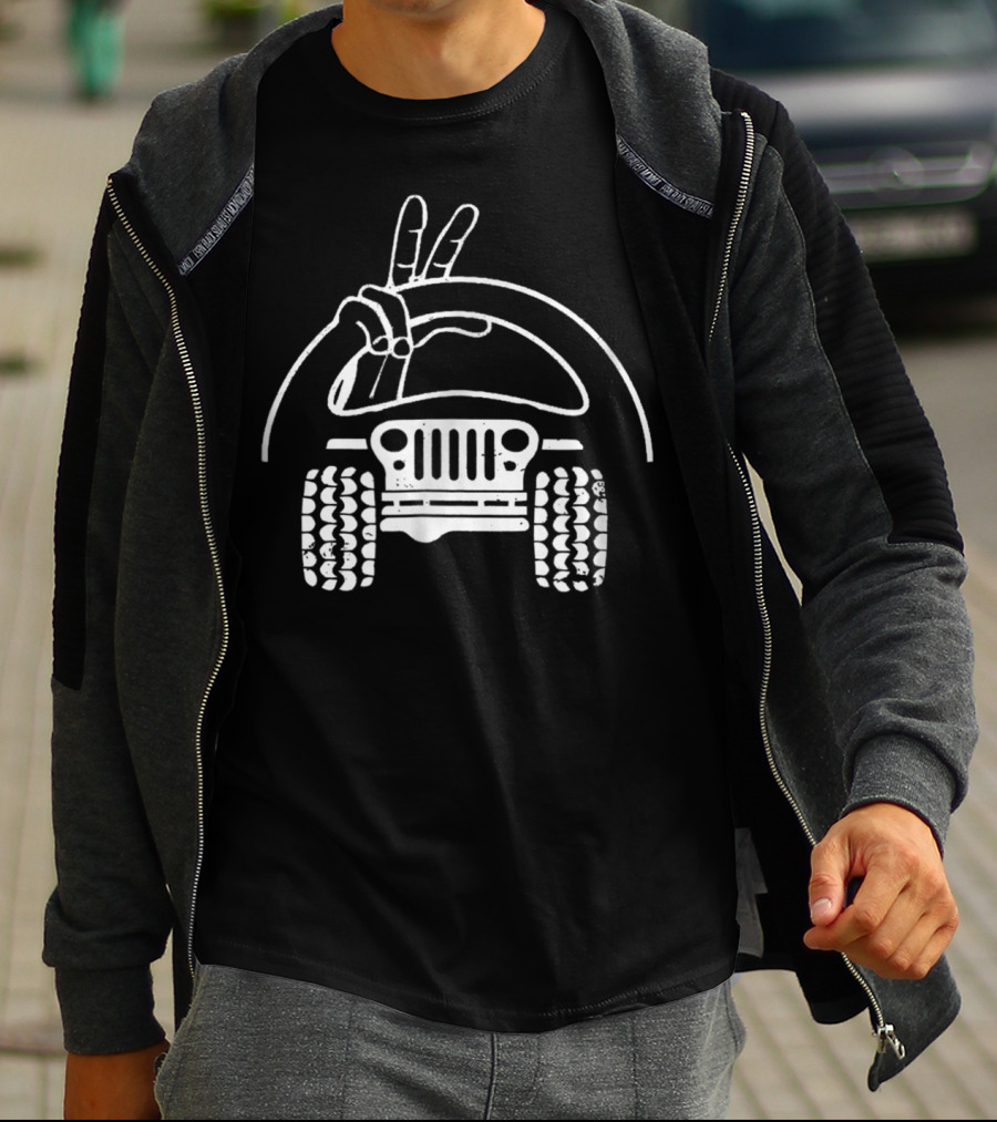 Jeep Wave Peace Fingers Sign Steering Wheel And Grille T-Shirt