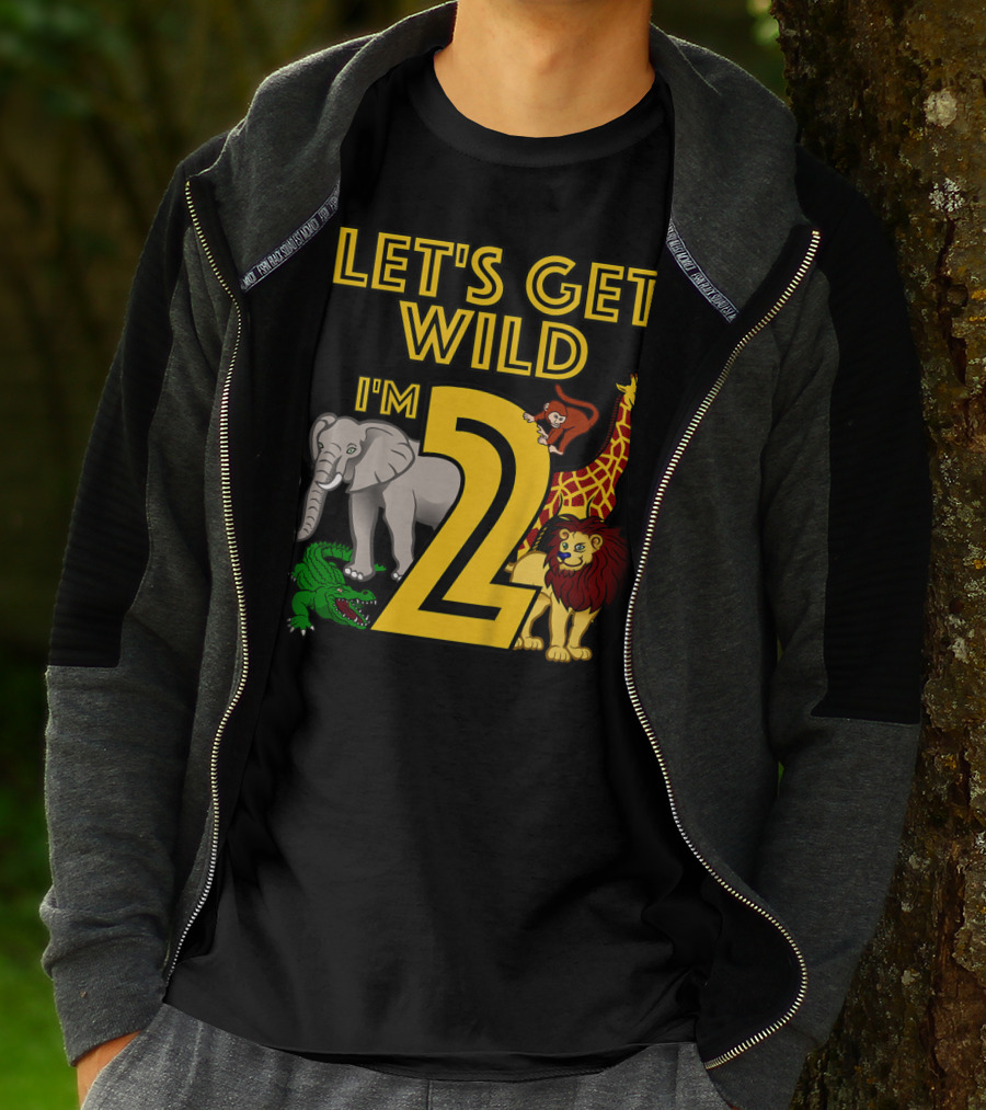 Let's Get Wild I'm 2 Elephant Giraffe Lion Crocodile Birthday Safari Jungle Kids 2 Year Old Zoo T-Shirt