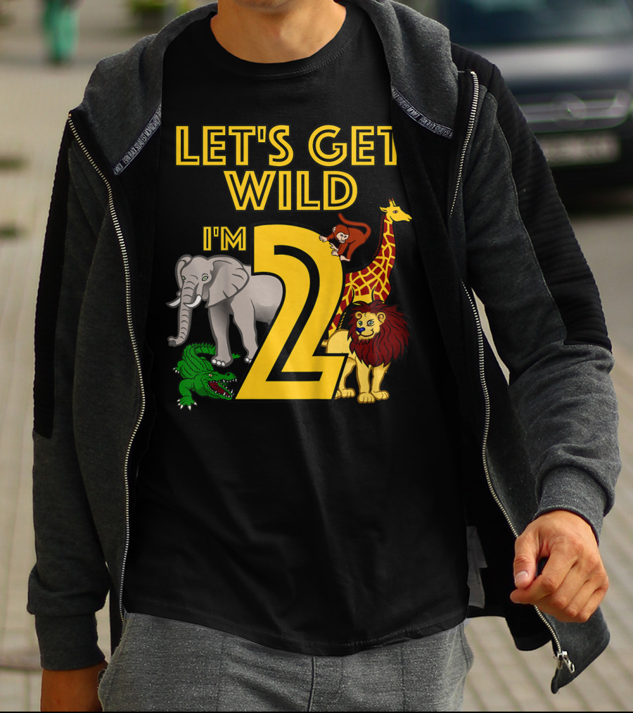 Let's Get Wild I'm 2 Elephant Giraffe Lion Crocodile Birthday Safari Jungle Kids 2 Year Old Zoo T-Shirt