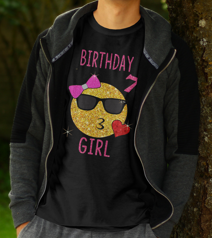 Birthday 7 Girl 7 Years Old Emoji Wearing Sunglasses Bow Heart T-Shirt