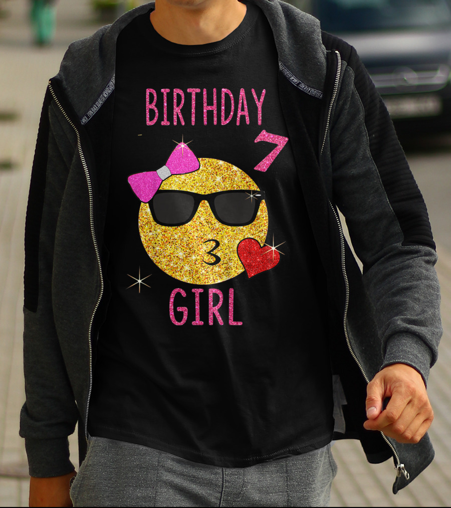 Birthday 7 Girl 7 Years Old Emoji Wearing Sunglasses Bow Heart T-Shirt