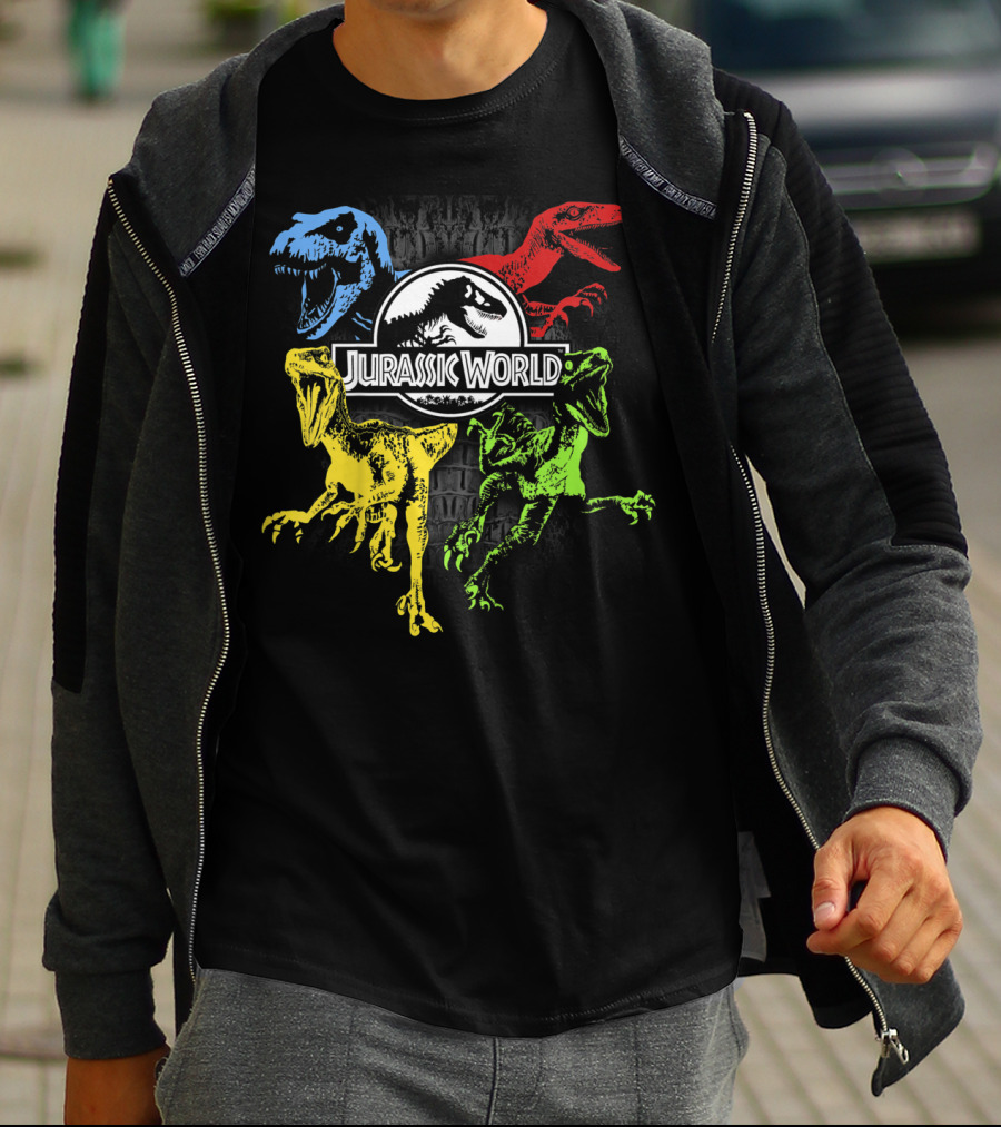 Jurassic World Raptors In Primary Colors Red Blue Yellow Green T-Shirt
