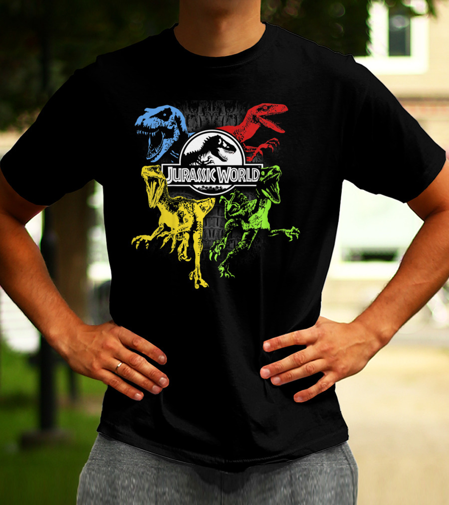 Jurassic World Raptors In Primary Colors Red Blue Yellow Green T-Shirt