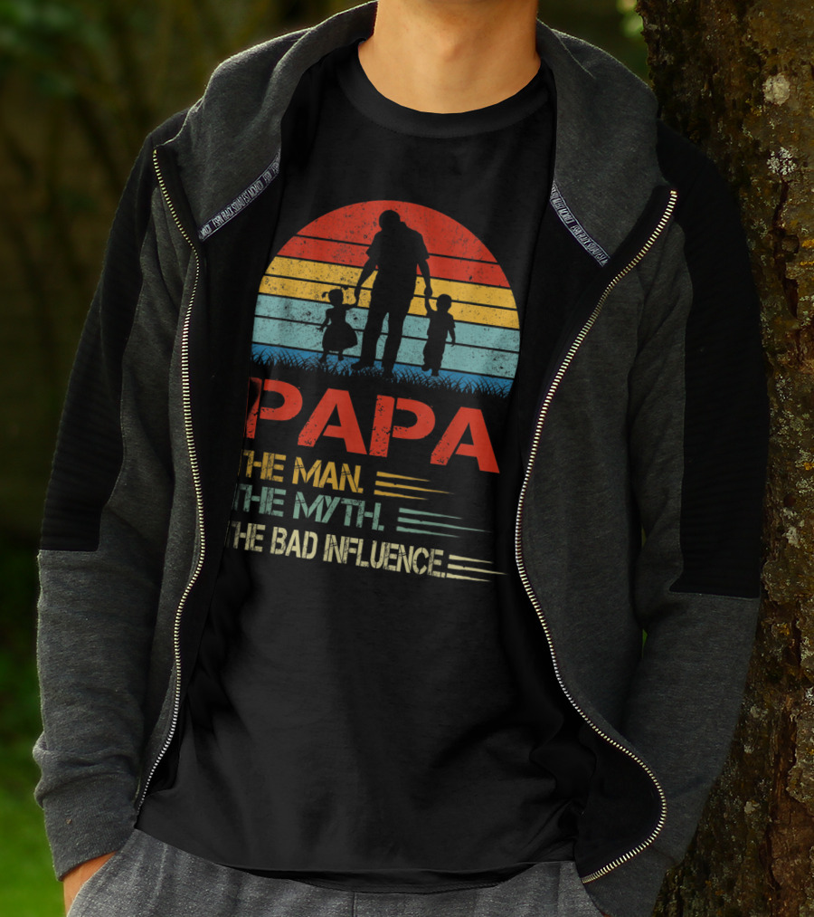 Papa The Man The Myth The Bad Influence Retro Sunset T-Shirt