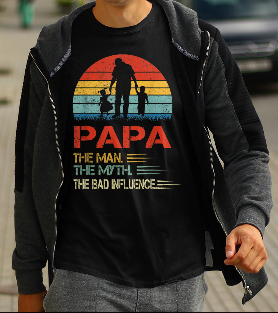Papa The Man The Myth The Bad Influence Retro Sunset T-Shirt