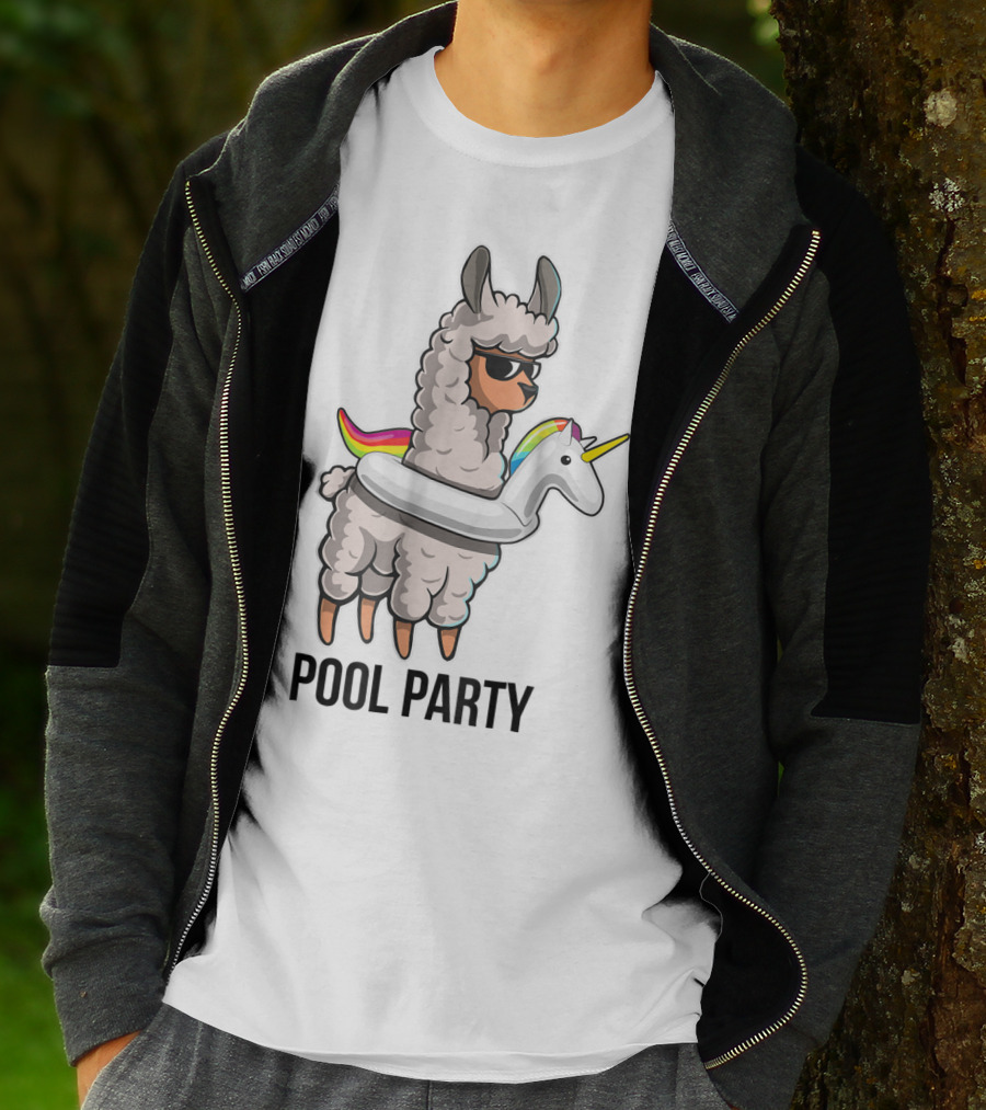 Pool Party Llama With Unicorn Float Funny Llama T-Shirt