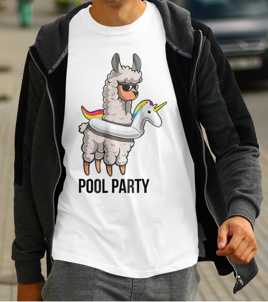 Pool Party Llama With Unicorn Float Funny Llama T-Shirt