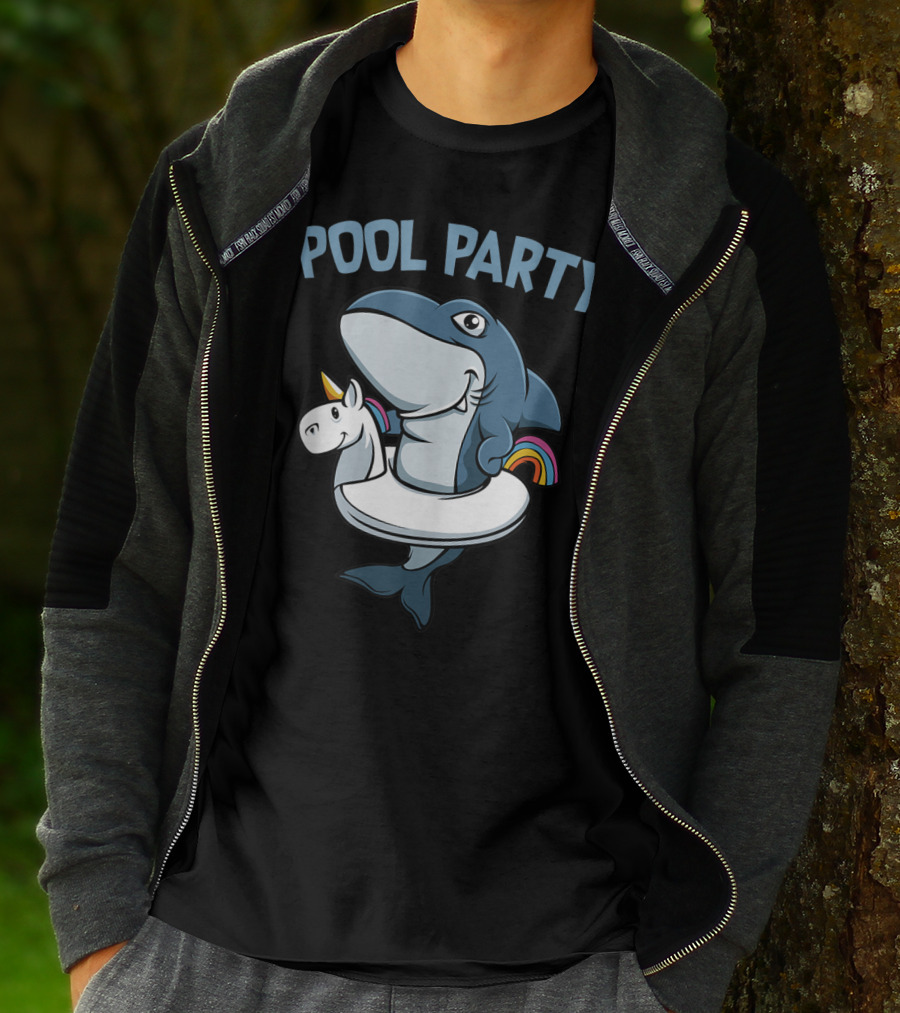 Pool Party Shark With Unicorn Float Rainbow Funny Summer Beach T-Shirt
