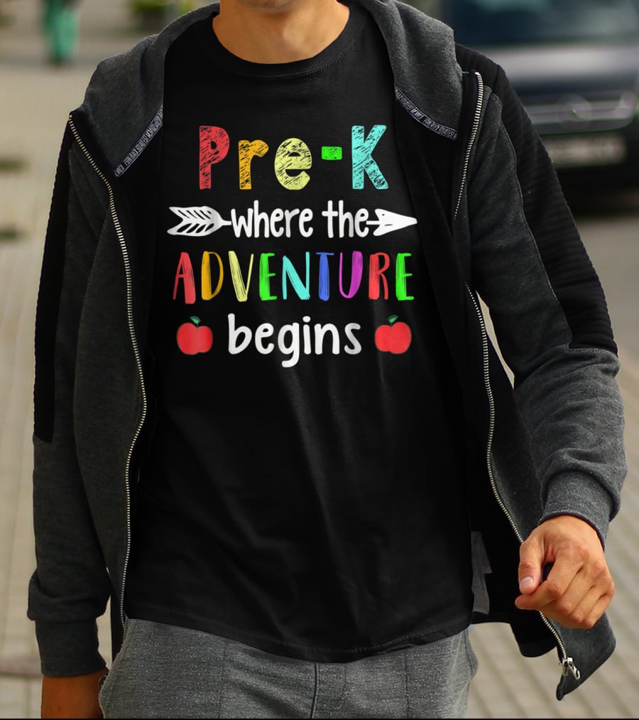 Pre-K Where The Adventure Begins With Colorful Letters And Apples T-Shirt