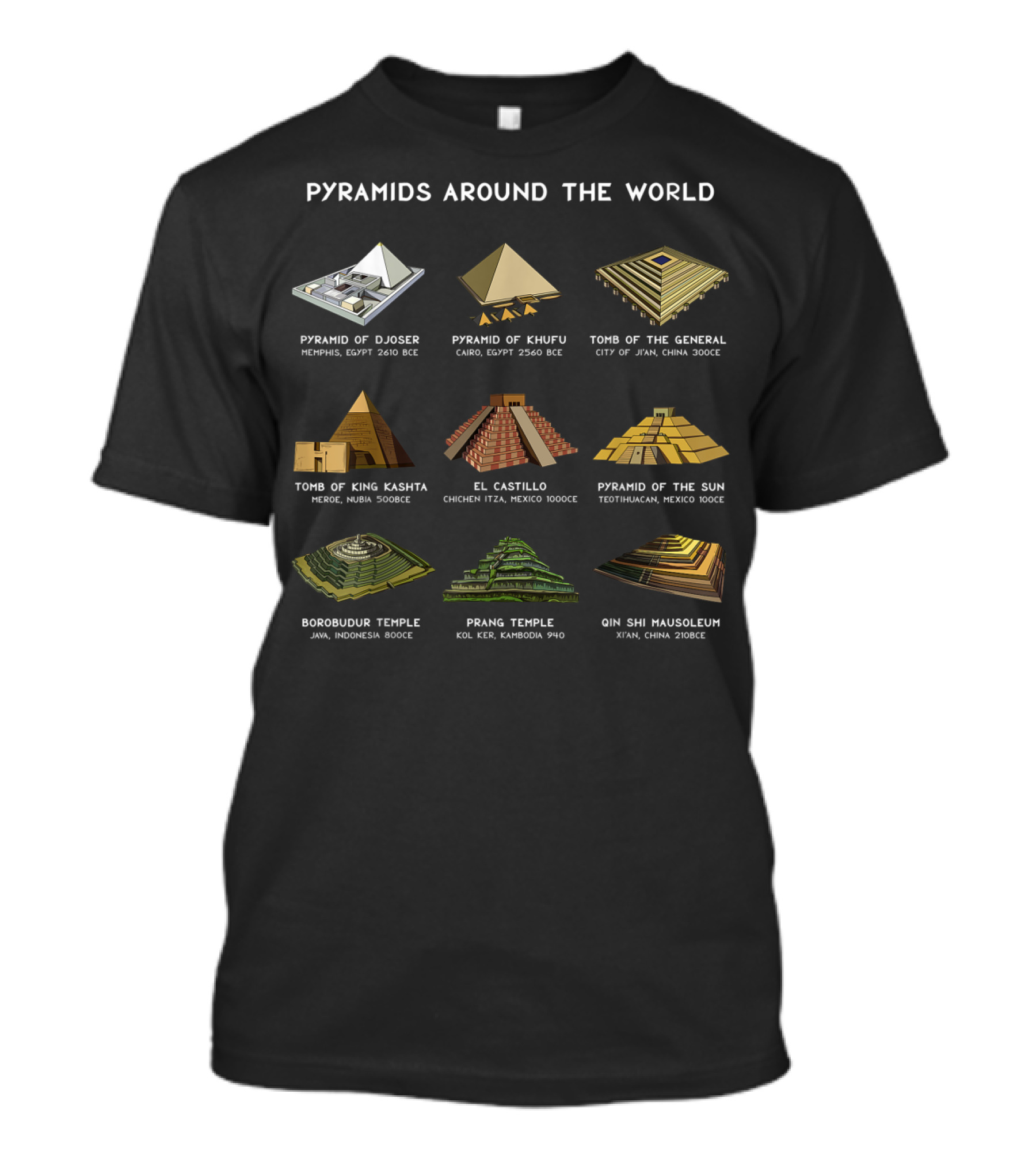 Pyramids Around The World Pyramid Of Djoser Khufu General King Kashtha El Castillo Sun Borobudur Prang Qin Shi Mausoleum T-Shirt