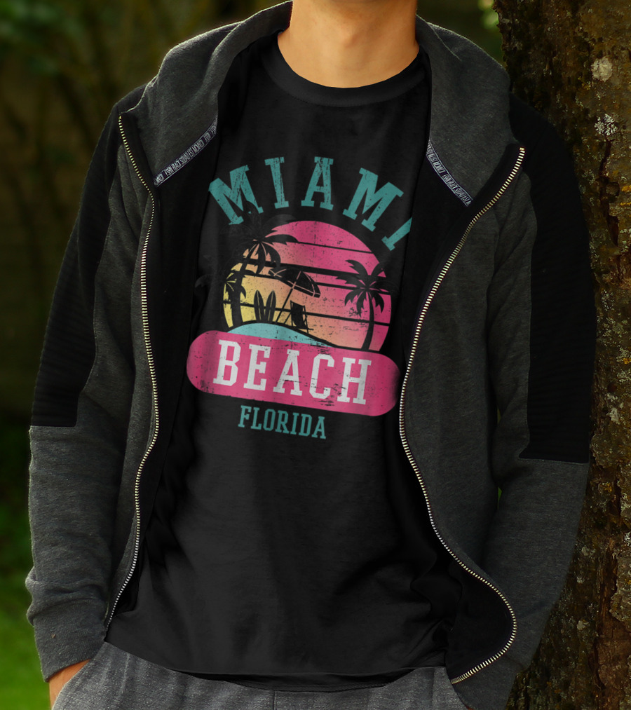 Miami Beach Florida Retro Cool Sun And Palm Trees T-Shirt