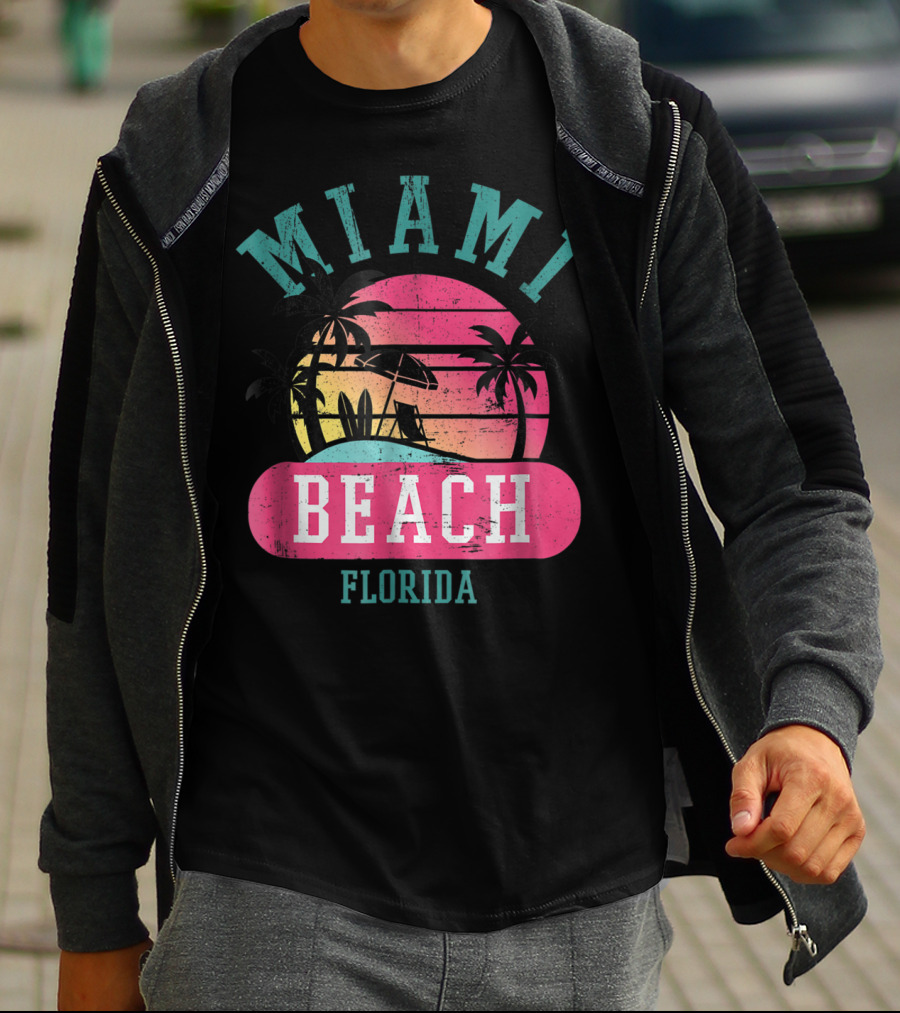 Miami Beach Florida Retro Cool Sun And Palm Trees T-Shirt
