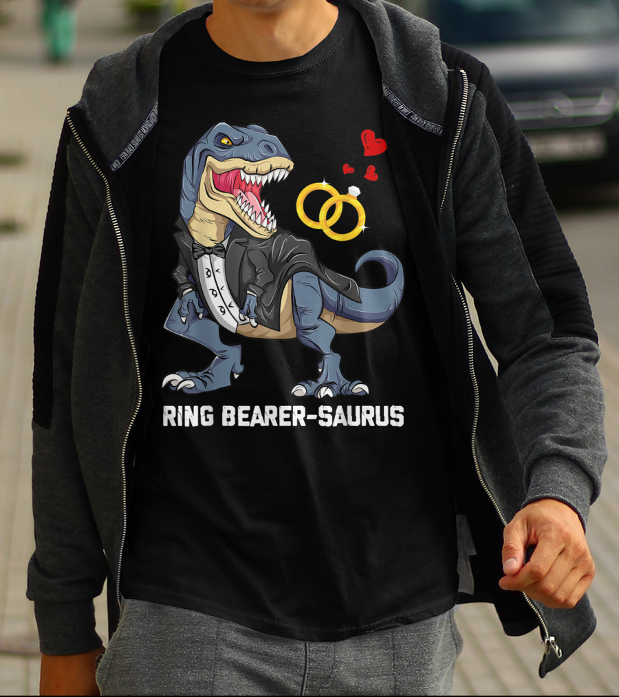 Rex Dinosaur Ring Bearer Saurus In Tuxedo With Wedding Rings And Hearts T-Shirt