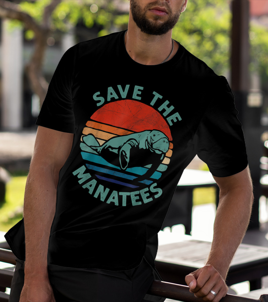 Save The Manatees Retro Stripes Sunset T-Shirt