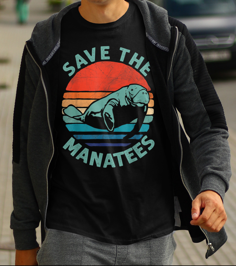 Save The Manatees Retro Stripes Sunset T-Shirt