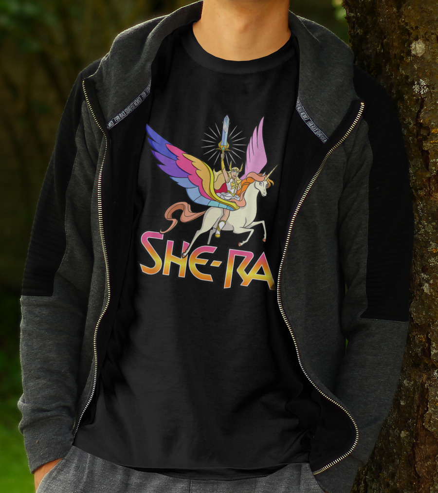 She Ra Riding A Winged Unicorn Holding Sword Of Protection T-Shirt