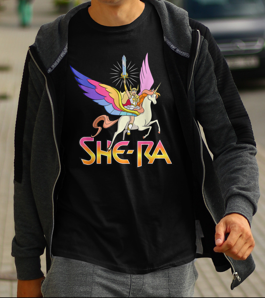 She Ra Riding A Winged Unicorn Holding Sword Of Protection T-Shirt