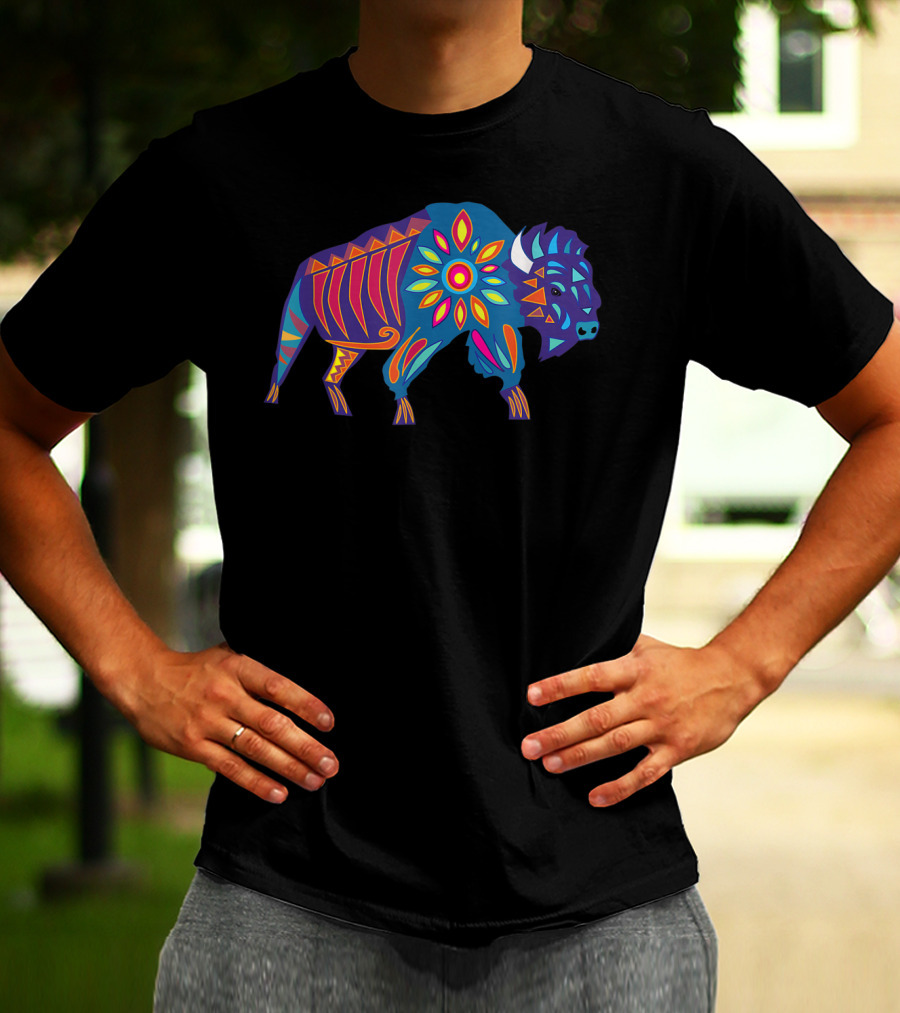 Vibrant Sunflower Buffalo In Colorful Geometric T-Shirt