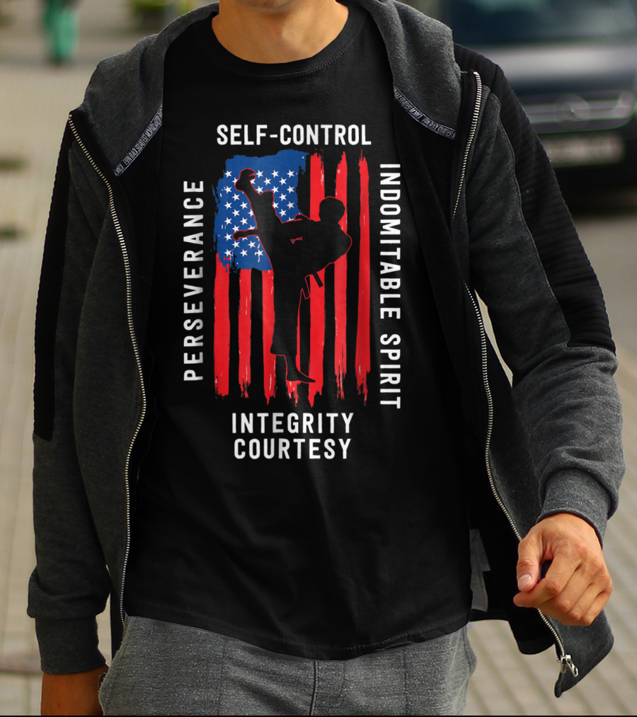 Taekwondo USA Flag Perseverance Courtesy Integrity Self-Control Indomitable Spirit T-Shirt
