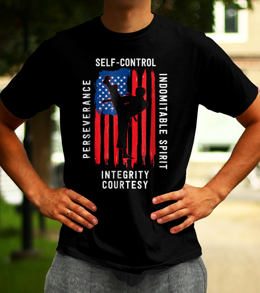 Taekwondo USA Flag Perseverance Courtesy Integrity Self-Control Indomitable Spirit T-Shirt