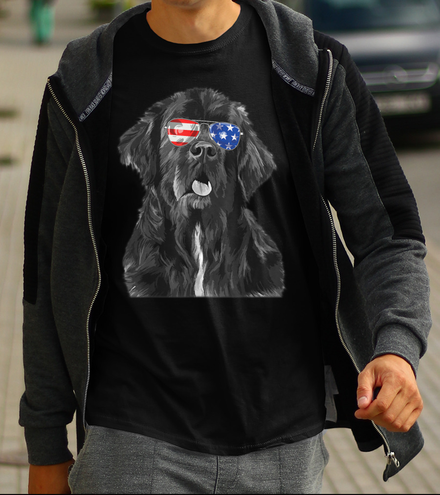 Vintage Newfoundland Dog With American Flag Glasses T-Shirt