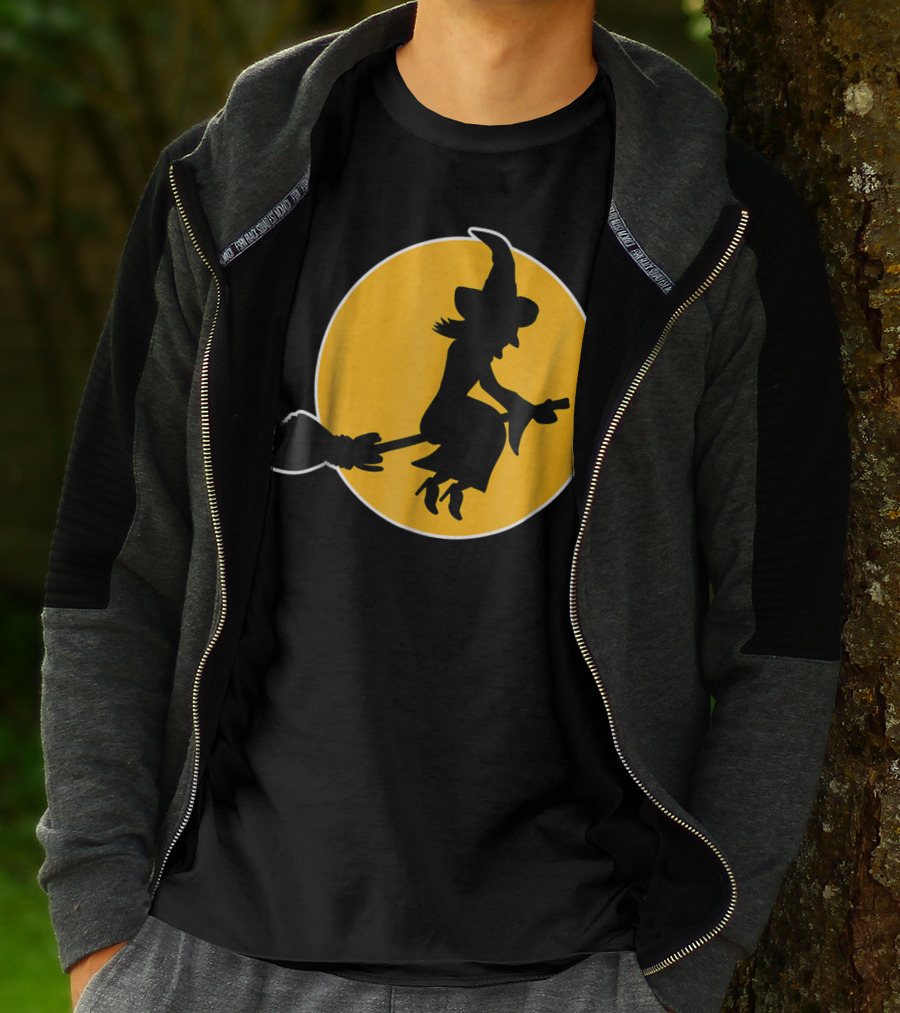 Witch Silhouette Flying Over Yellow Moon T-Shirt