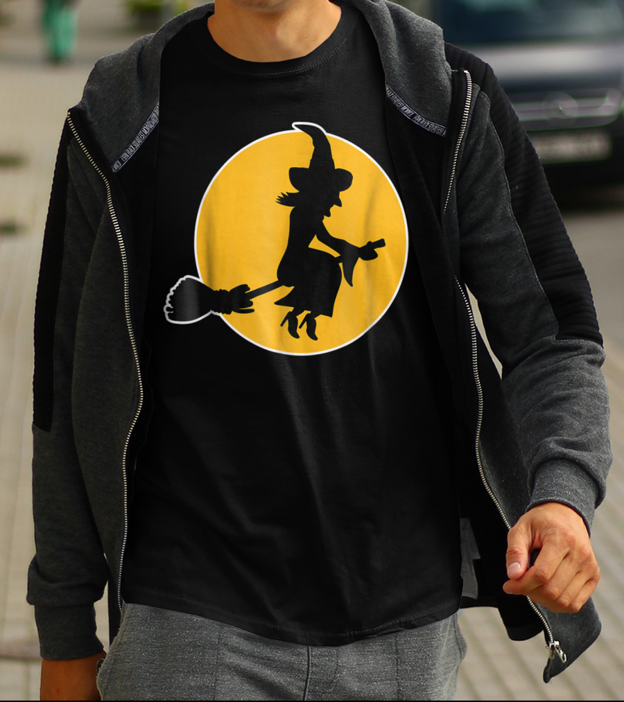 Witch Silhouette Flying Over Yellow Moon T-Shirt