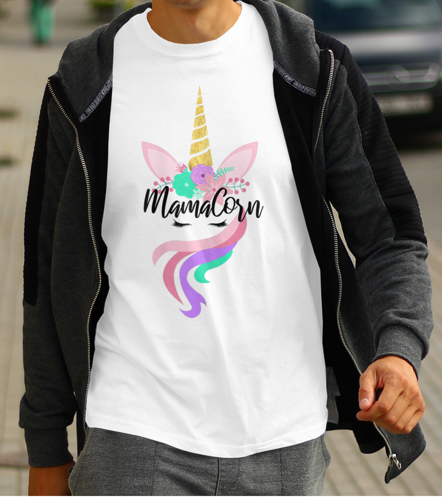 Mamacorn Cute Unicorn Gold Horn Floral Ears Rainbow Mane T-Shirt