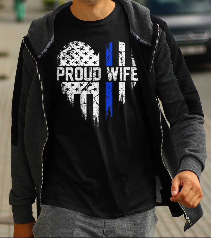 Proud Wife Thin Blue Line Heart American Police Flag T-Shirt