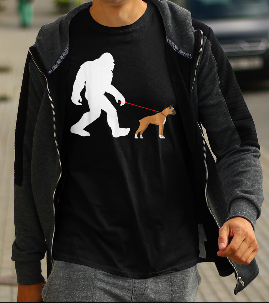 Bigfoot Sasquatch Walking Boxer Dog Novelty T-Shirt