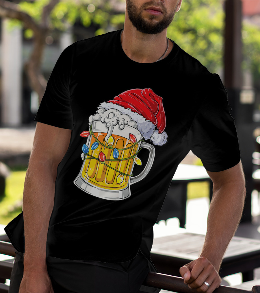 Beer Santa Hat Christmas Lights Holiday Cheer T-Shirt