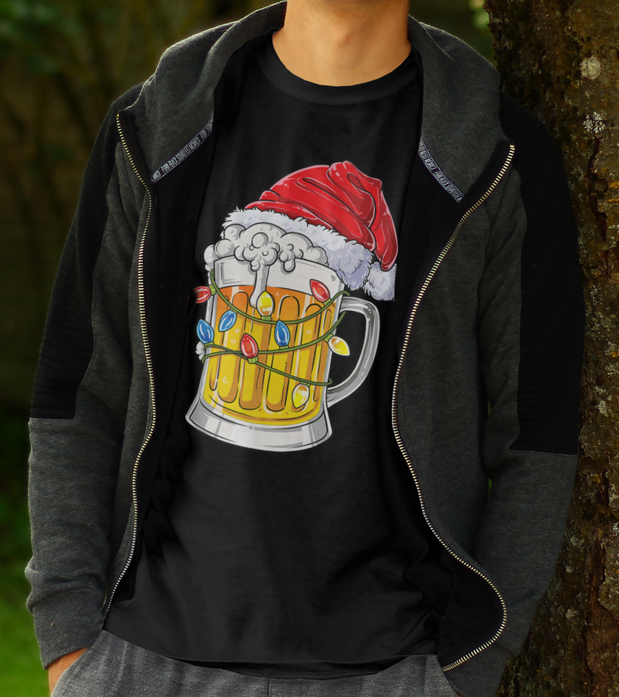 Beer Santa Hat Christmas Lights Holiday Cheer T-Shirt