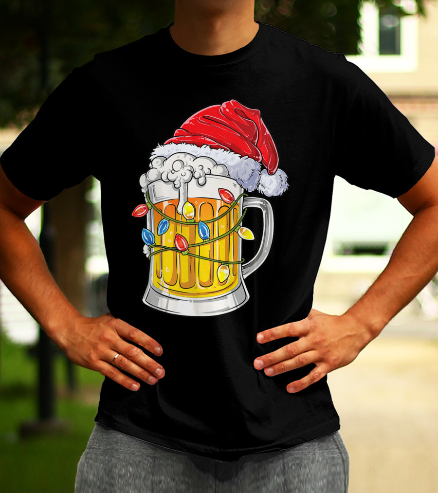 Beer Santa Hat Christmas Lights Holiday Cheer T-Shirt