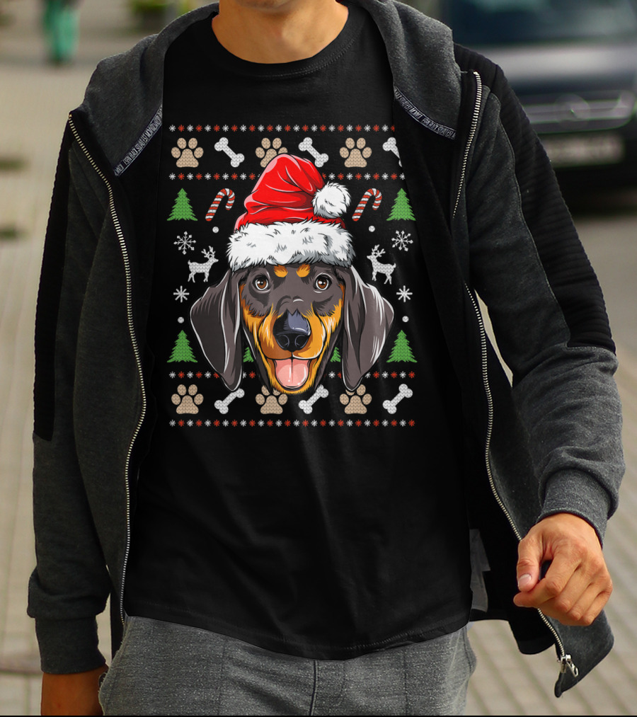 Dachshund Christmas Santa Hat Ugly Sweater Dog With Trees And Candy Canes T-Shirt