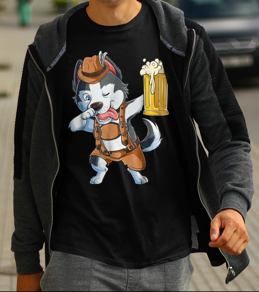 Dabbing Siberian Husky Oktoberfest Lederhosen Beer Mug T-Shirt