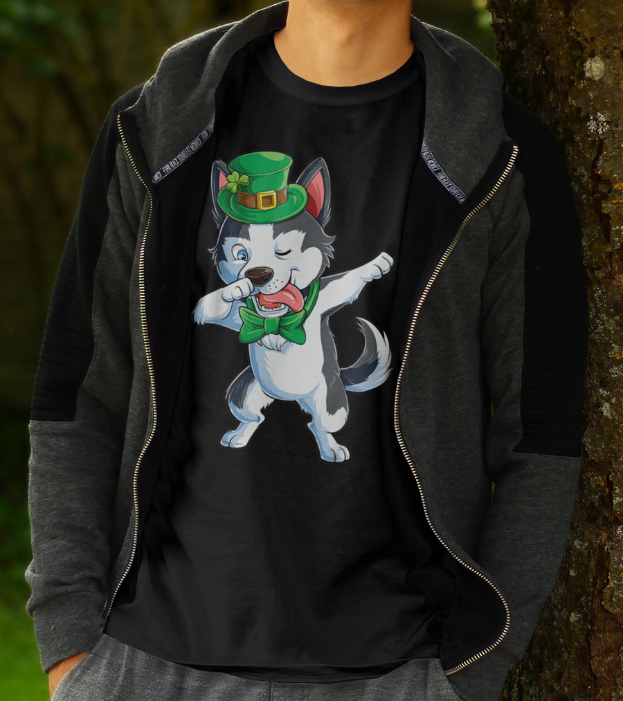 St. Patrick's Day Dabbing Siberian Husky With Green Hat And Bow Tie T-Shirt