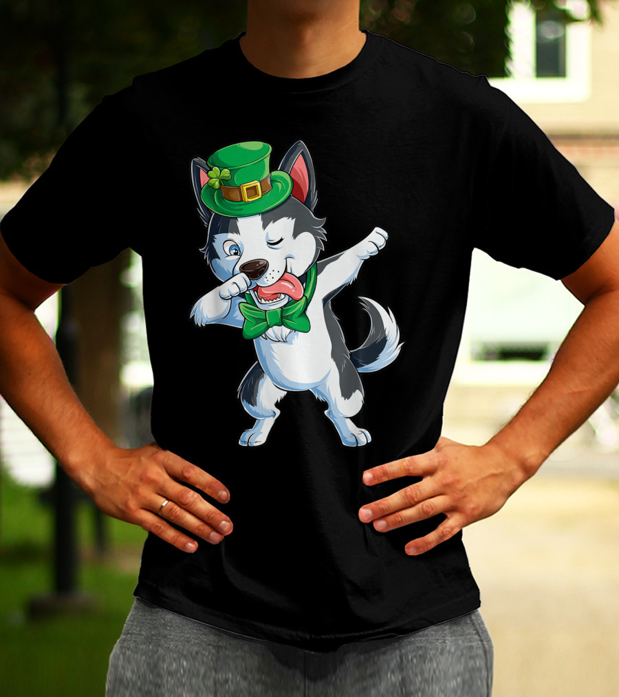 St. Patrick's Day Dabbing Siberian Husky With Green Hat And Bow Tie T-Shirt
