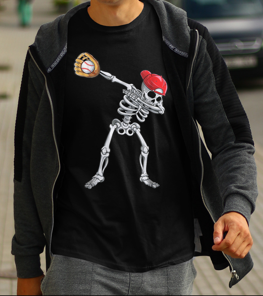 Dabbing Skeleton With Baseball Glove And Cap T-Shirt