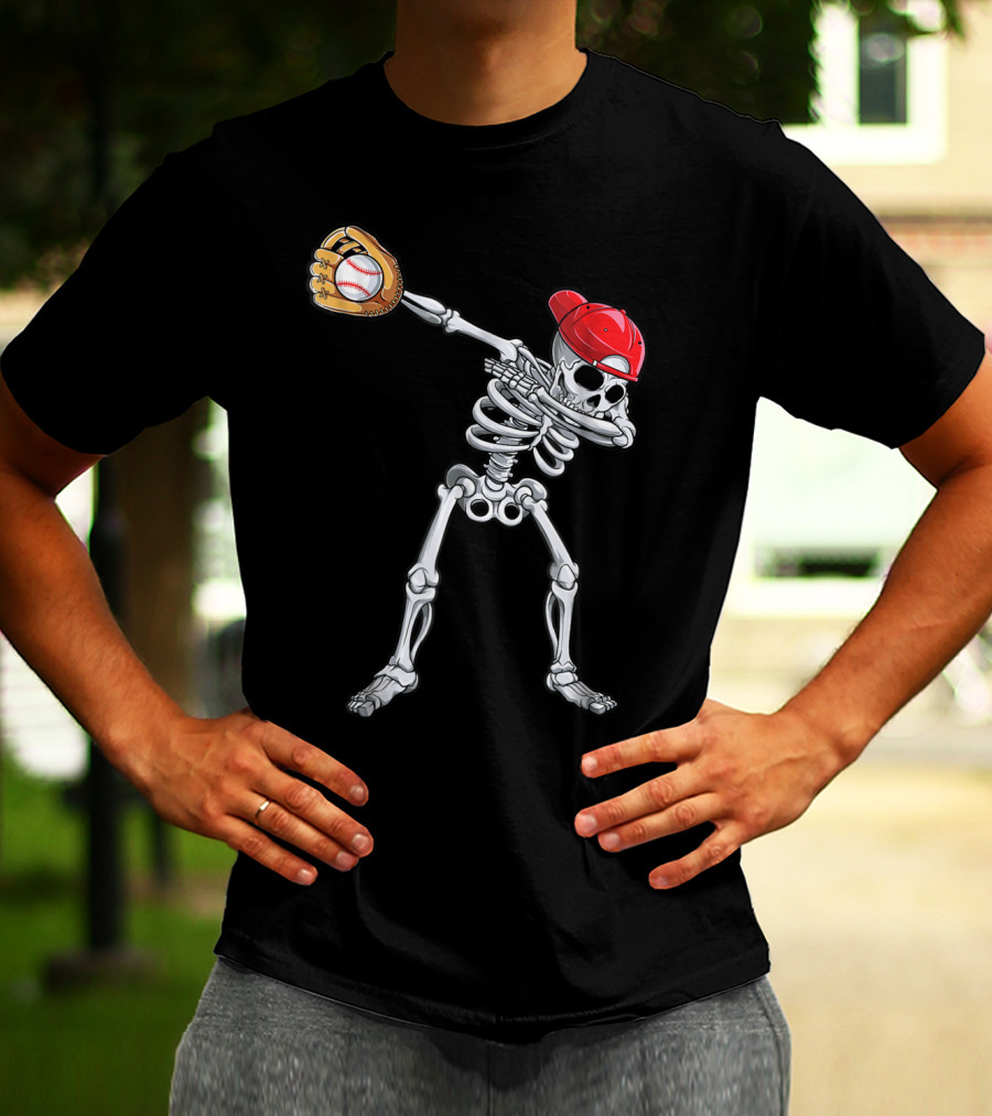 Dabbing Skeleton With Baseball Glove And Cap T-Shirt