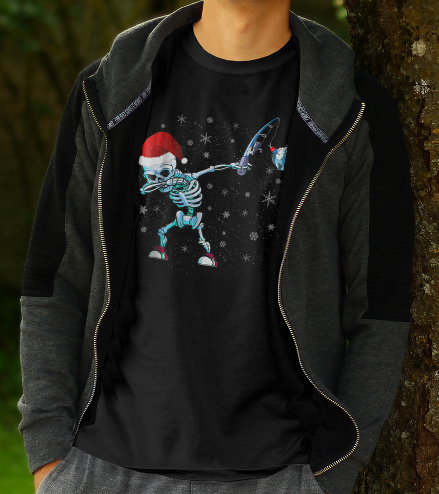 Santa Skeleton Dabbing With Fishing Rod And Shark T-Shirt