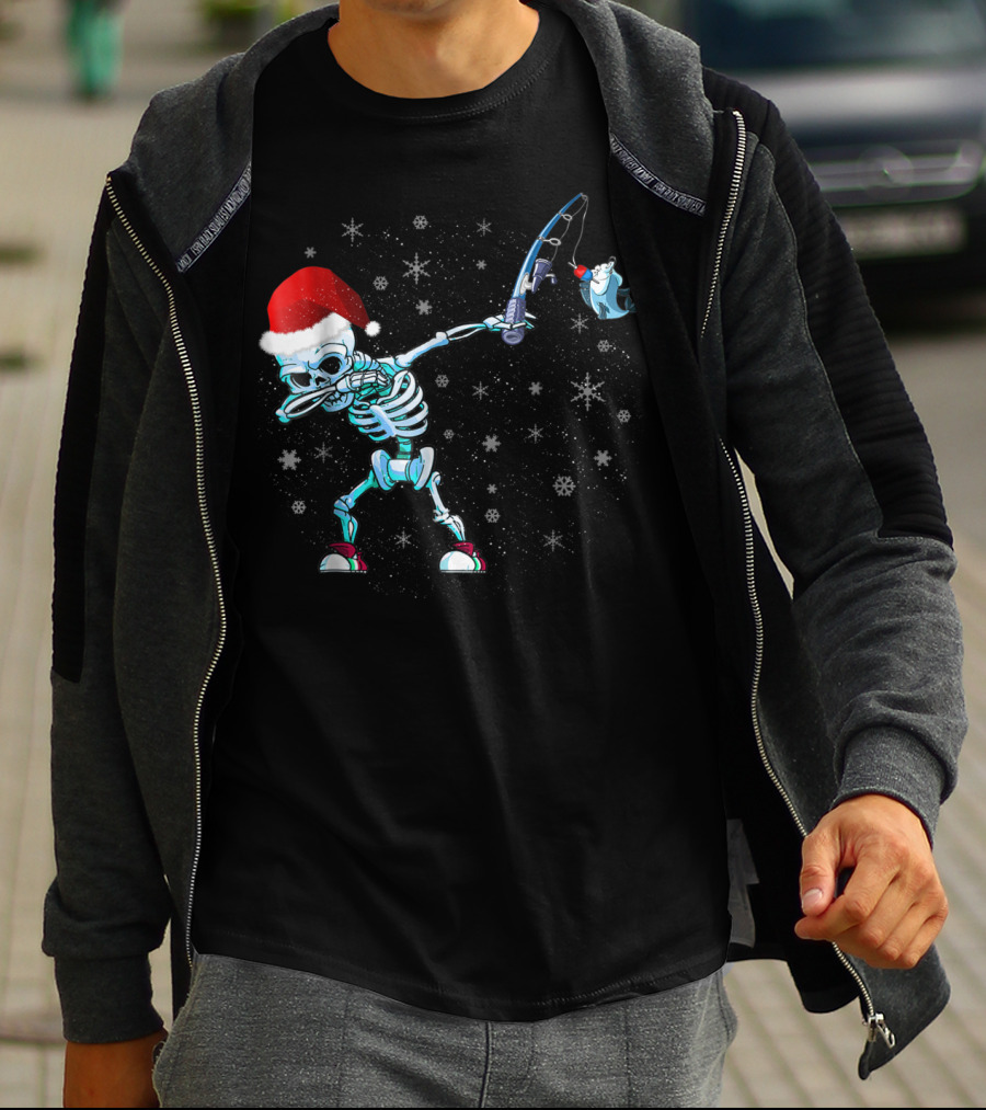 Santa Skeleton Dabbing With Fishing Rod And Shark T-Shirt