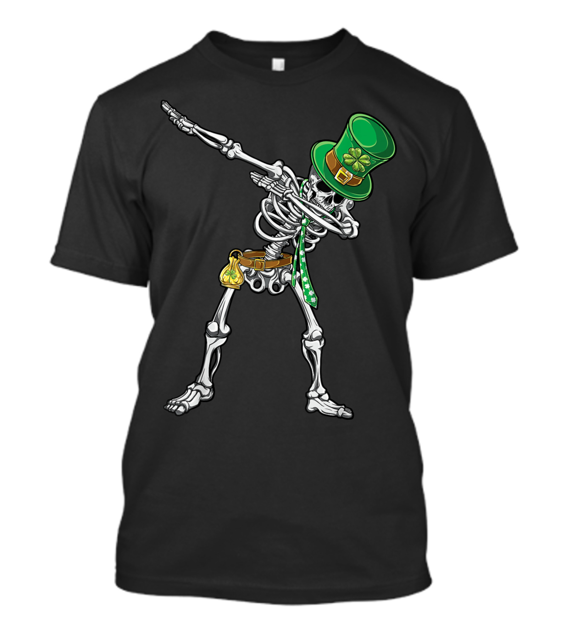 Dabbing Skeleton Leprechaun With Green Hat And Shamrock Tie T-Shirt
