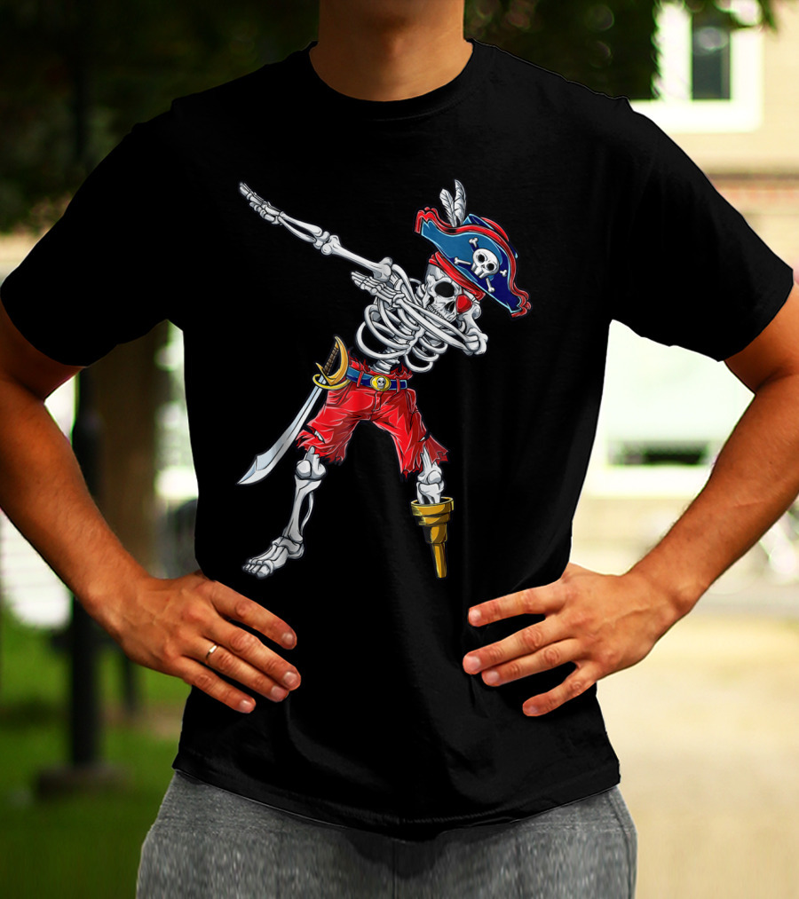 Skeleton Pirate Dabbing In Red Pants And Tricorn Hat With Sword T-Shirt