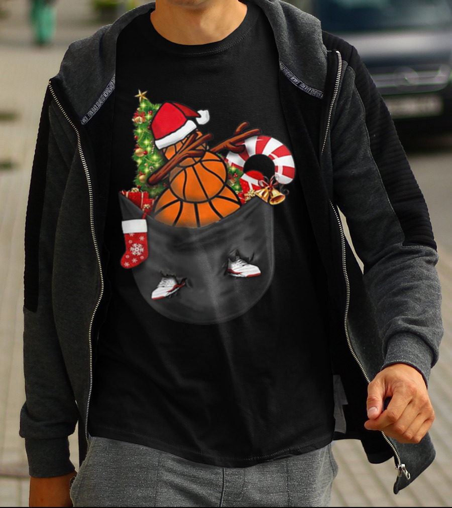 Christmas Dabbing Basketball Snowman In Pocket With Candy Cane And Santa Hat T-Shirt